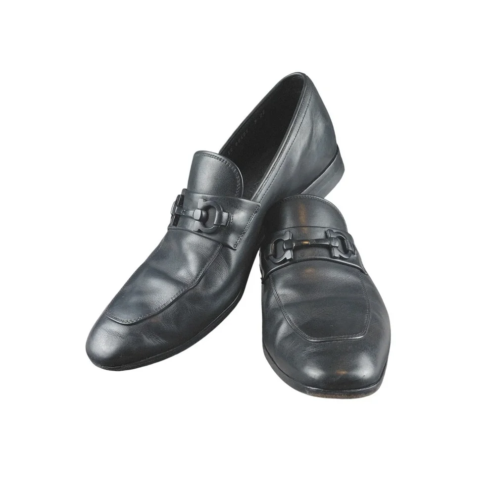 Salvatore Ferragamo Mens Black Leather Gancini Bit Loafers 8 2E LC 60451 Italy